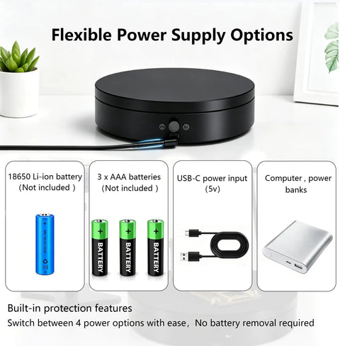 Motorized Rotating Display Stand 7.87 Inch Electric Spinning Turntable With Silent Operation showing flexible power supply options.