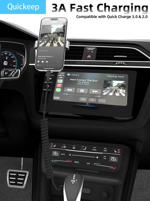 Car interior with iPhone on dashboard using Two Pack 3ft Coiled USB A To USB C Fast Charge Car Cord For iPhone 17 16 15 Plus Pro Max And MacBook Pro Retractable CarPlay Cable That Stays Tangle-Free In Car Charging Cable For Easy Backseat Power.