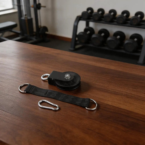 Heavy Duty Pulley Cable System For Home Gym With 360 Degree Rotation Quiet Bearings Lifting Pulley Block Nylon Wheel Carabiner Buckle Workout Equipment on wooden table in gym setting.