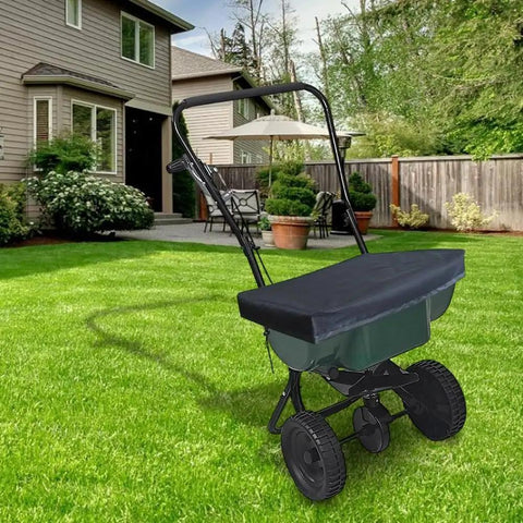Waterproof Oxford Cloth Spreader Cover For Mini Broadcast Spreader 25.9 By 25.9 Inches With Elastic Hem Cord on lawn