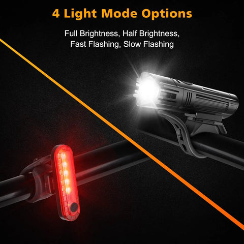 Ultra Bright USB Rechargeable Bike Light Set With Front Headlight And Rear Taillight Four Mode Options Built In Battery Easy Mounting For Road Mountain And City Cycling