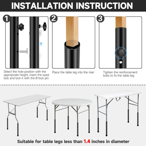 Installation instructions for 4 Pack Folding Table Leg Extenders For Adjustable Desk Height showing assembly steps and compatible tables.