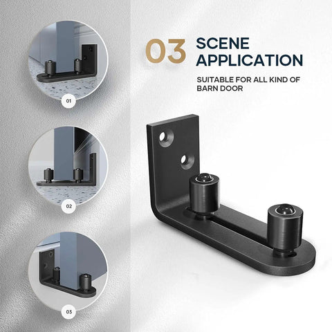 Sliding Barn Door Bottom Floor Guide With Ball Bearing Rollers, Adjustable Stay Wheel, Black Finish, Scene Application