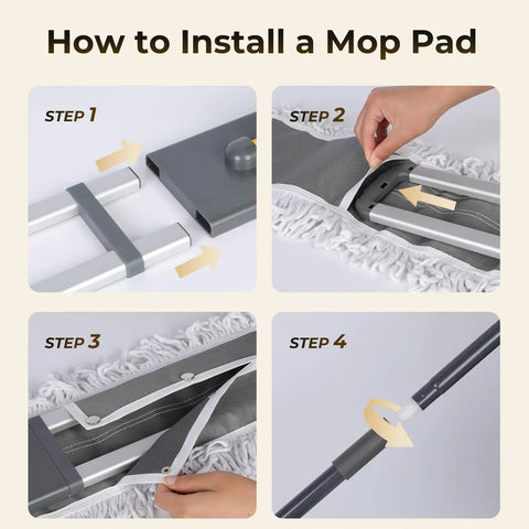 How to install a mop pad on Heavy Duty 36 Inch Commercial Flat Mop With Extra Long Aluminum Pole for Garages.