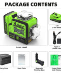 Pro Grade 12V Self Leveling Laser Level With Bluetooth Dual 360 Degree Green Beams High Brightness Cross Line 11 Hour Li Ion Battery Magnetic Bracket P02CG package contents with battery, power cord, and accessories.