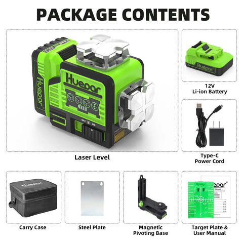 Pro Grade 12V Self Leveling Laser Level With Bluetooth Dual 360 Degree Green Beams High Brightness Cross Line 11 Hour Li Ion Battery Magnetic Bracket P02CG package contents with battery, power cord, and accessories.