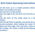 Western Hat Brim Cutter Tool operating instructions text with five steps for using the ergonomic handheld design tool