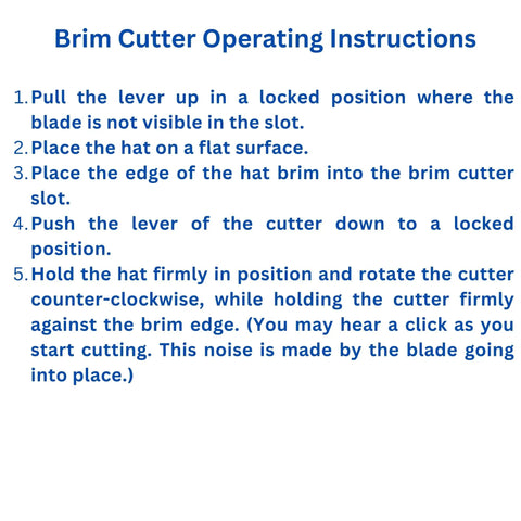 Western Hat Brim Cutter Tool operating instructions text with five steps for using the ergonomic handheld design tool