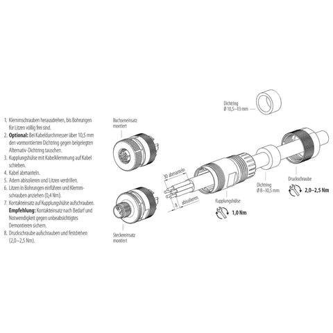 M12 L Coded 4 Plus FE Unshielded Power Cable Connector IP67 for 8 to 13mm Cables, Screw On M12 Thread, Industrial Grade, Field Ready Rugged Waterproof IP Rated, DIN EN IEC 61076-2-111 Compatible assembly diagram