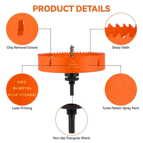 Recessed lighting hole saw kit, orange bi-metal, includes 6-1/4 in and 4-1/4 in hole saws with dust bowl catcher