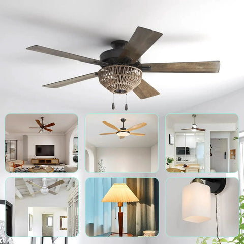 Living spaces featuring various ceiling fan styles showing the versatility of the Three Speed 4 Wire Ceiling Fan Switch Replacement In Bronze Finish Easy Install L1 L2 L3 Modes Fits Most Ceiling Fans And Standing Fans Plays Nice With Wall Lamps For A Smooth Breeze.