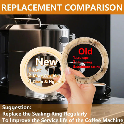Comparison of new and old sealing ring gaskets for espresso machines, highlighting flexibility and cleanliness benefits.