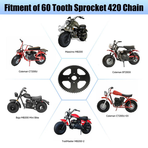 Illustration showing fitment for 60 Tooth Sprocket 420 Chain on mini bikes: Coleman CT200U, BT200X, Massimo MB200, Baja MB200, TrailMaster MB200