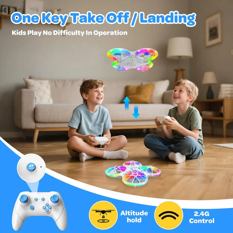 Two boys playing with Totally Kid Friendly Drone For Beginners With LED Lights And Dual Batteries indoor, remote, sofa backdrop.