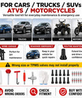 Infographic of 31Pcs Quick Change Tire Valve Core Tool Kit for cars, trucks, SUVs, ATVs, motorcycles with features and benefits.