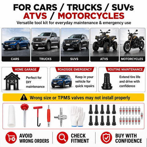 Infographic of 31Pcs Quick Change Tire Valve Core Tool Kit for cars, trucks, SUVs, ATVs, motorcycles with features and benefits.