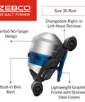 Close-up of Salt Fisher 33 Spincast Reel And Rod Combo For Saltwater Inshore Fishing, blue-silver reel with specs and Zebco logo.