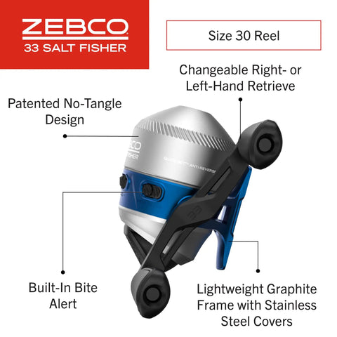 Close-up of Salt Fisher 33 Spincast Reel And Rod Combo For Saltwater Inshore Fishing, blue-silver reel with specs and Zebco logo.