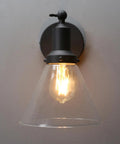 Industrial Vintage Wall Sconce Light Fixture With Slope Pole Mount And Funnel Flared Clear Glass Shade, Matte Black Finish
