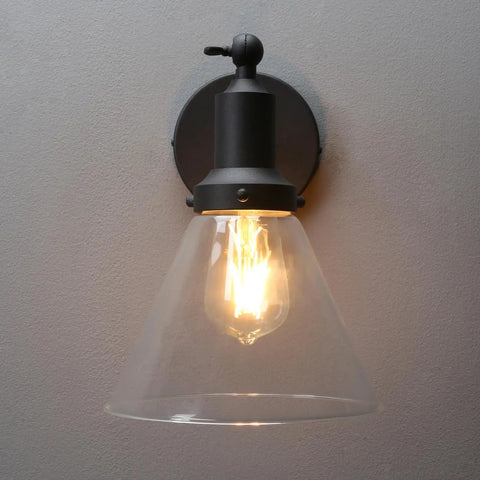 Industrial Vintage Wall Sconce Light Fixture With Slope Pole Mount And Funnel Flared Clear Glass Shade, Matte Black Finish