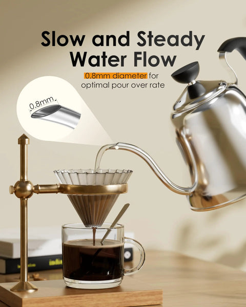 Gooseneck Pour Over Kettle With Flow Control For Stovetop Brew pouring water into coffee filter, stainless steel teapot, 28oz size.
