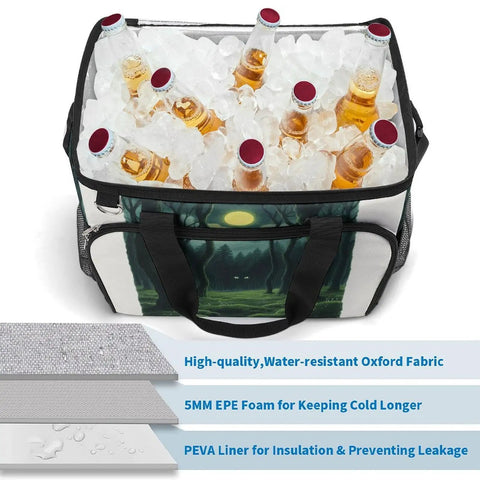 Large 30L Insulated Picnic Backpack Tote Cooler Bag Waterproof And Leakproof filled with ice and drinks, fabric details shown.