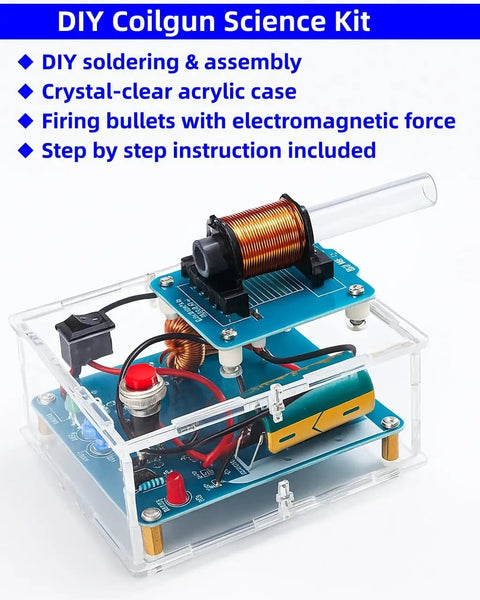 DIY Coilgun Science Kit with acrylic case for hands-on learning, part of Coilgun Soldering Practice Kit For Electronics Enthusiasts And Beginners