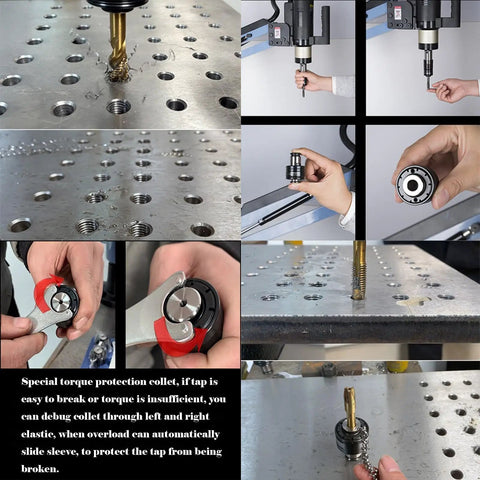 Heavy Duty 220V Electric Tapping Machine With Touch Screen For M3 To M16 Threading demonstrating torque protection collet features.