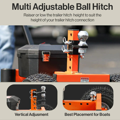 SuperHandy Electric Trailer Dolly 3600 Lb Capacity Motorized Mover With 2 Inch Ball Hitch Reverse Function Heavy Duty Towing Cart showing adjustable ball hitch features.