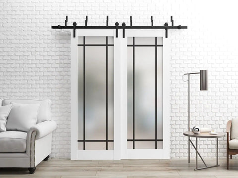 Sliding Closet Frosted Glass Barn Bypass Doors with Complete Hardware Set and 8 Ft Rails in living room