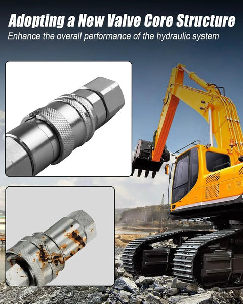 Hydraulic quick-connect couplers with dust caps, 3/8" ISO 16028 flat-face, 1/2" NPT threads; two connectors shown.