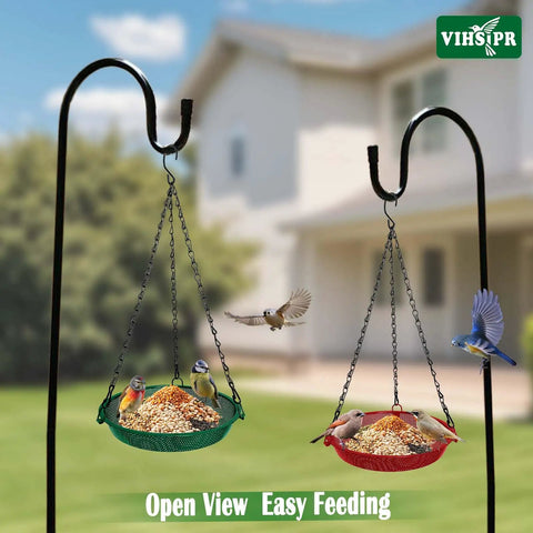 Hanging Bird Feeder For Outdoors 9 Inch Metal Mesh Tray Platform Perfect For Finches Chickadees Sparrows And Other Small Birds Green Backyard Feeder With Minimal Seed Waste And Easy Clean Design, showing feeder hanging outside with birds feeding.