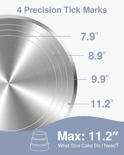 Front view of brushed aluminium alloy rotating cake turntable with non-slip silicone base, size scale up to 11.2 inches.