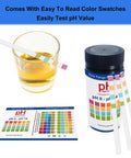 All-Purpose pH Test Strips 0-14, 100 Count with color chart and strip, glass with liquid sample, and bottle packaging