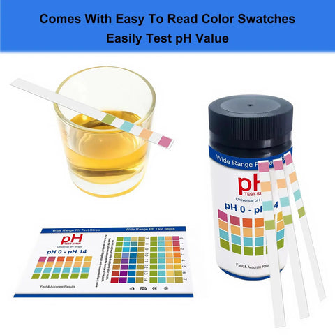 All-Purpose pH Test Strips 0-14, 100 Count with color chart and strip, glass with liquid sample, and bottle packaging