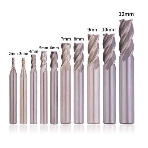 GOUGOUGA milling cutter set, front view: 10-piece HSS end mills, 4-flute, 2–12mm diameters