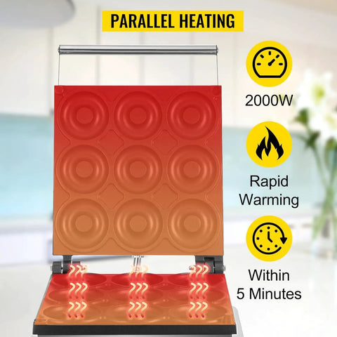 Shop Grade Electric Donut Maker With Nonstick Pan And Double Sided Heating, showing 2000W heating surface with nine circular molds.