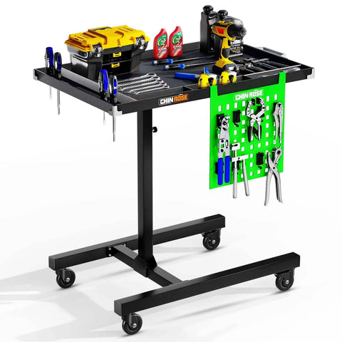 Mobile Adjustable Height Work Table On Wheels With Rolling Tray For Mechanics, Garages, Workshops, Repair Shops, Warehouses And DIY Projects.