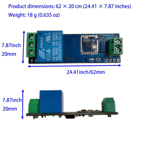 Top and side view of Bluetooth Proximity Switch Module 5-12V For E-Bike, Door Lock, And Home Automation, with dimensions and connectors.