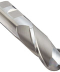 Close-up of YG-1 HSS ball nose end mill, Weldon shank, 1 in dia, 0.75 in shank, 4.5 in length, 30° helix, 2 flutes