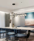 Lit Modern LED Chandelier With Remote 40W Black Five Light Linear Pendant Lighting With Crystal Lampshade in dining room