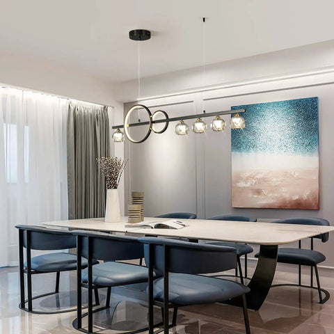 Lit Modern LED Chandelier With Remote 40W Black Five Light Linear Pendant Lighting With Crystal Lampshade in dining room