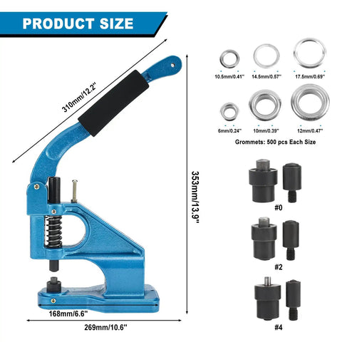 Pro Grade Heavy Duty Hand Press Grommet Machine With Three Dies One Quarter Inch Three Eighths Inch One Half Inch Eyelet Punch Tool Kit Plus 1500 Grommets For Crafting Sewing Sign Making Upholstery shown with dimensions and dies