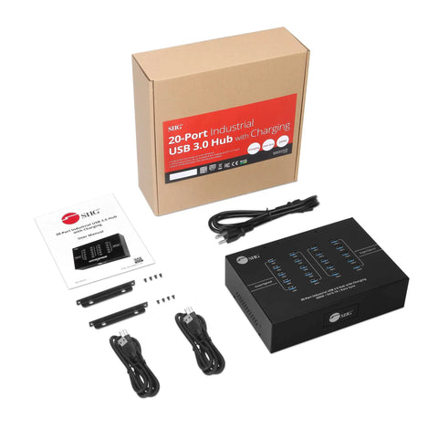 Heavy Duty Industrial USB 3.0 Hub With 20 Ports Delivers Slap 5Gbps Transfer Speeds And Badass 200W Charging Station kit with cables and manual.