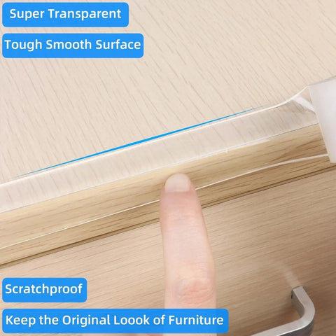 Clear Furniture Edge Protector Strips Ultra Soft Premium Polymer Corner Bumpers on smooth wood surface, highlighting transparency and safety.
