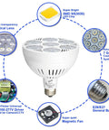PAR38 LED Spotlight Bulb 10000K Cool White 45 Degree Beam, high output, illustrative view of components and features.