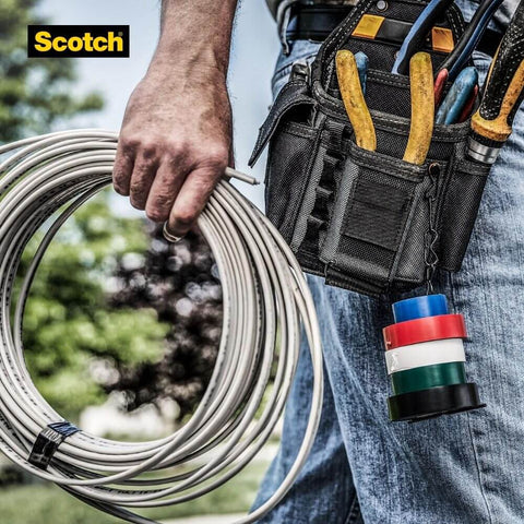 Technician holding cables with Vinyl Electrical Tape 35 5-Roll Multi-Color Pack for Cable Jacket Repair and Electrical Insulation attached to tool belt.
