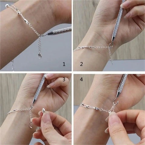 One Hand Bracelet Helper Kit With 10 Jewelry Plier Clips For DIY Necklace And Watch Clasps And Closures Making Supplies Designed To Help You Secure Bracelets Solo In Silver, silver metal clasp tool on wrist