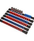 Portable ABS Socket Clip Rail Organizer for various drive sockets, six-piece set, red and blue color-coded for SAE and Metric.