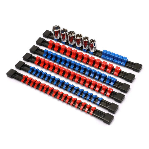 Portable ABS Socket Clip Rail Organizer for various drive sockets, six-piece set, red and blue color-coded for SAE and Metric.
